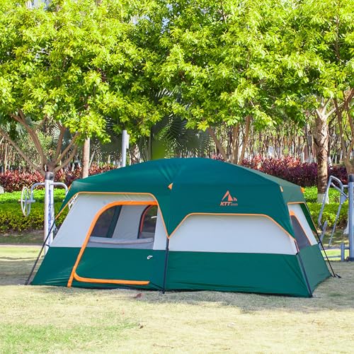 KTT Extra Large Tent 10-12 Person(B),Family Cabin Tents,2 Rooms,3 Doors and 3 Windows with Mesh,Straight Wall,Waterproof,Double Layer,Big Tent for Outdoor,Picnic,Camping,Family Gathering(Green)