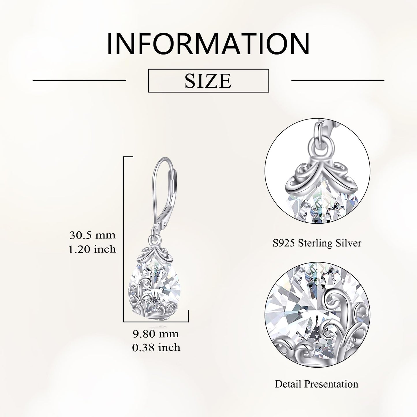 POPLYKE BirthStone Filigree Teardrop Drop Earrings Sterling Silver Diamond Leverback Earrings April Birthstone Dangle Jewelry Gifts for Women