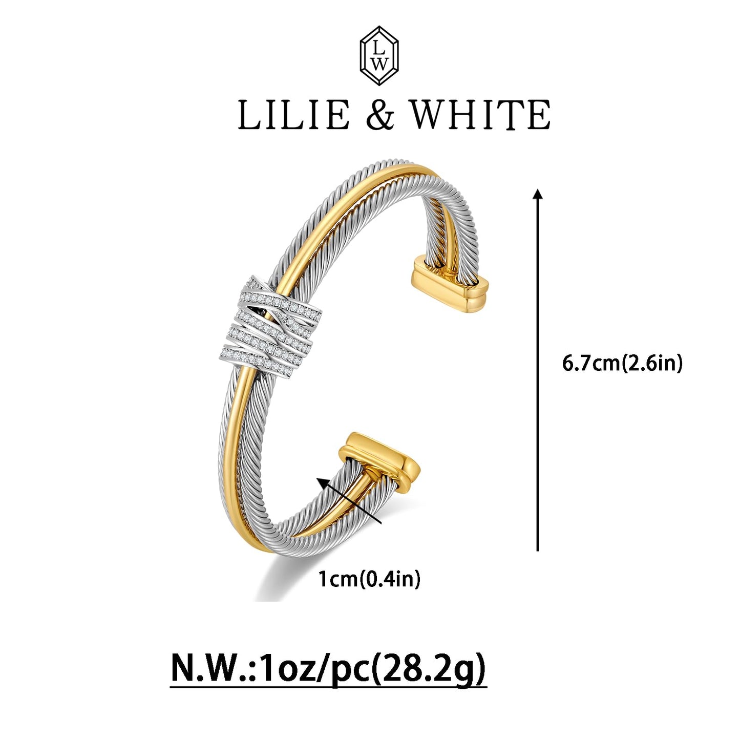LILIE&WHITE Gold Bracelets For women With Cubic Zircon Chic Gold Bangle Statement Bracelet Adjustable Boho Open Wrist Bracelets Fashion Summer Two Tone Bracelet Jewelry