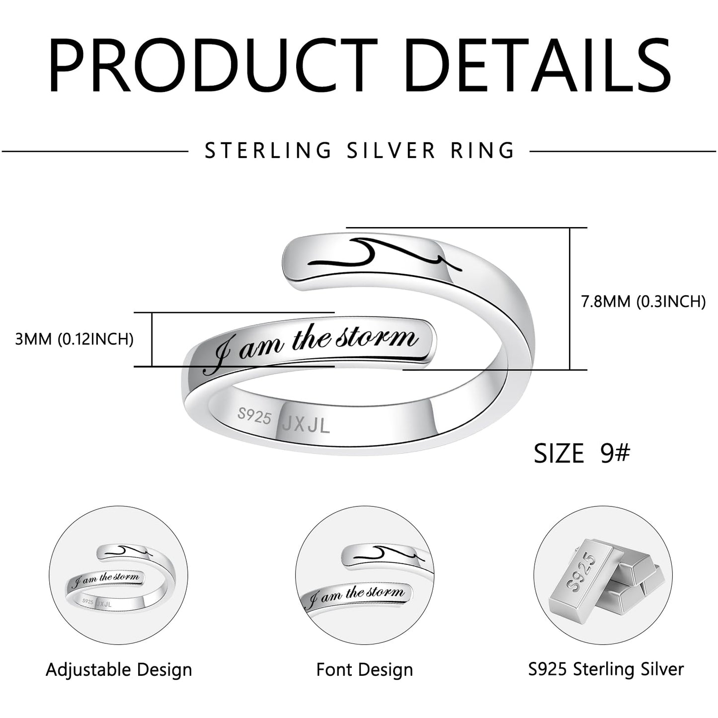 JXJL S925 Sterling Silver Inspirational Jewelry Rings Adjustable Ring Personality Encouragement Gift for Teens Women 9#