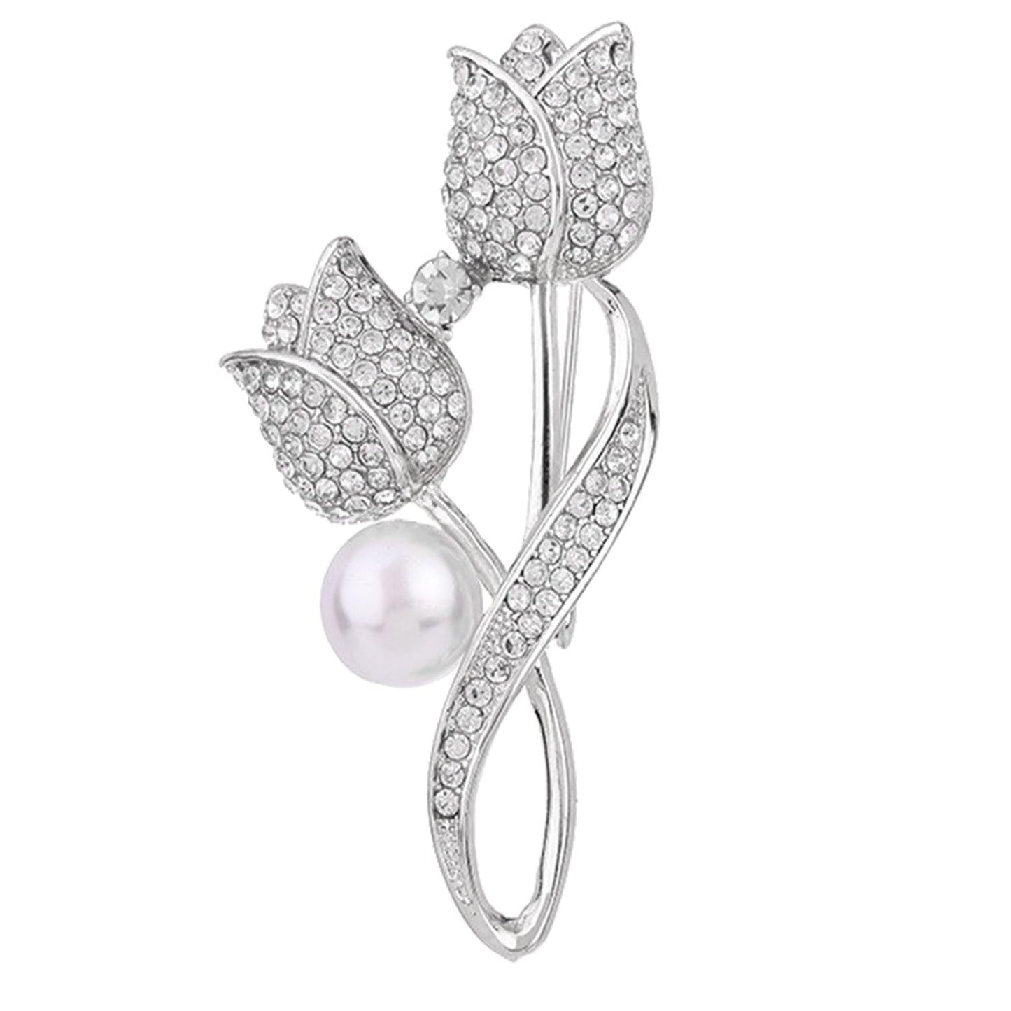 Tulip Flower Crystal Brooches Pins Fashion Beautiful Created Rhinestone Pearl Floral Brooch Good Idea for Party Dance Wedding Banquet for Elegant Women Girl (Silver Tulip)