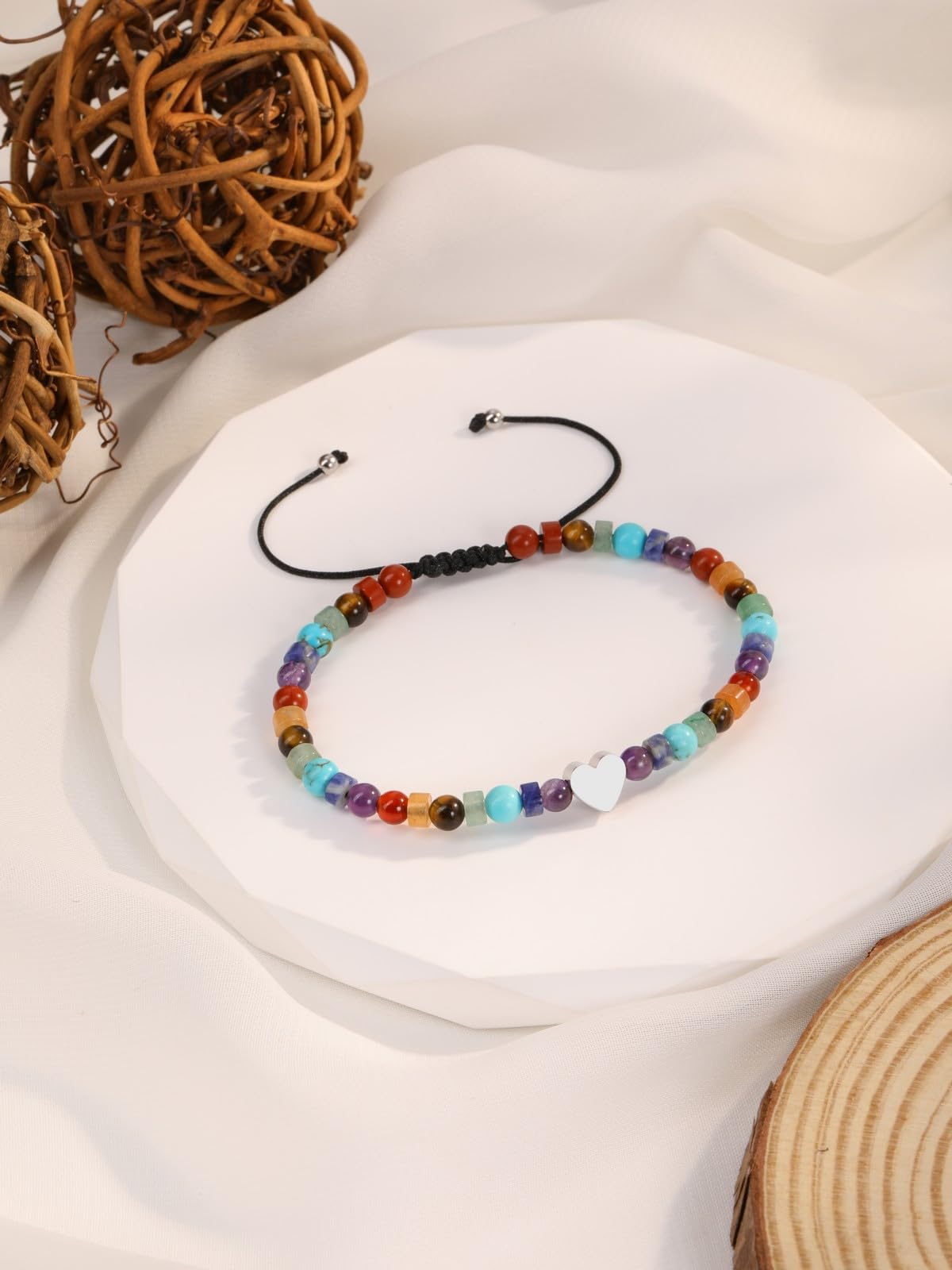 Top Plaza Chakra Bracelets for Women Heart Charm 4mm Natural Healing Gemstone Yoga Meditation Bracelet Handmade Beaded Spiritual Bracelet Adjustable Jewelry Mothers Day Gifts