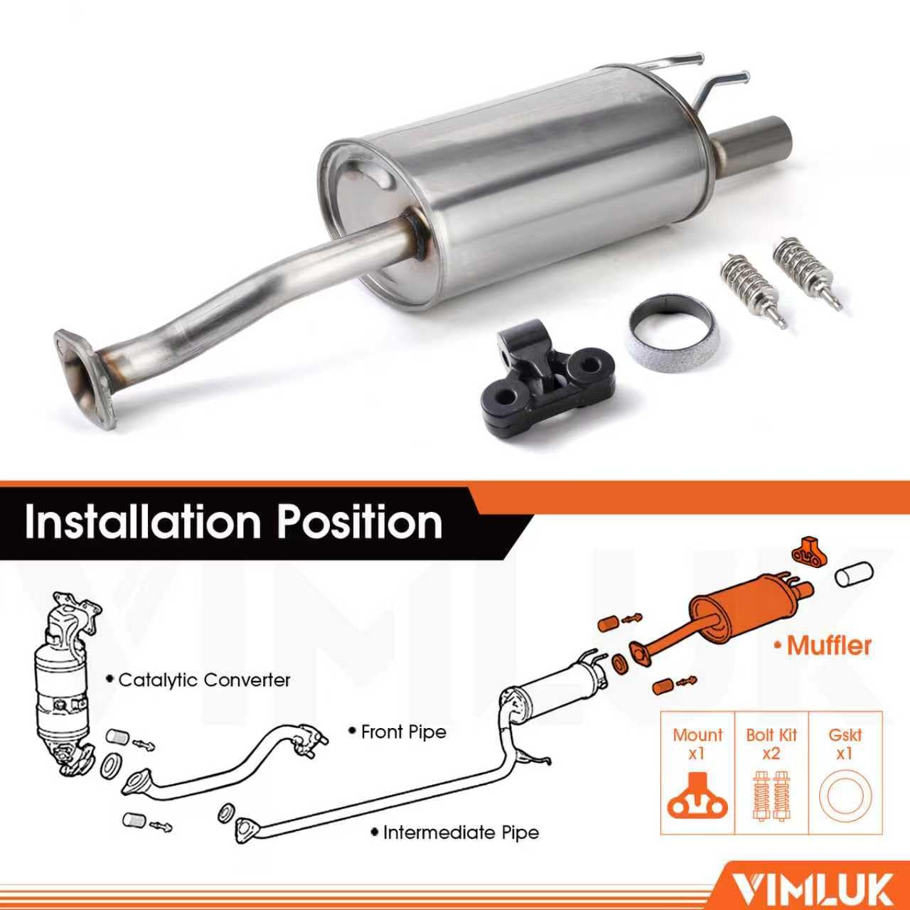 VIMLUK 409 Stainless Steel Rear Exhaust Muffler Compatible for 2006-2011 Honda Civic 1.8L and 2006-2011 Honda Civic Hybrid Sedan 1.3L-Including Gasket and Bolt kit Part Number:18307-SNA-A01(VK-HC01)