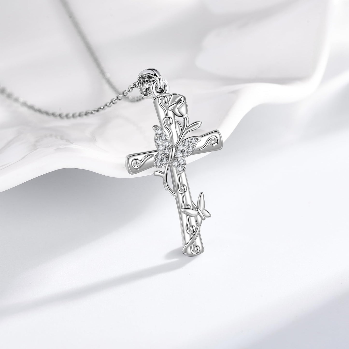 AXOMY Butterfly Necklace for Women 925 Sterling Silver Cross Butterfly Pendant Rose Necklace Cross Jewelry Gifts for Mom Wife