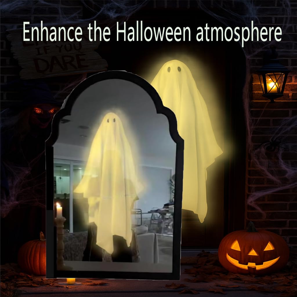 KYWYOYOU 2025 Novelty Ghost Mirror with LED Lights – Scary Holographic Mirror with Haunted Ghost Figure, Halloween Indoor Decoration for Bedroom, Bathroom, Fireplace, DIY Wall Decor (Style A-Small)