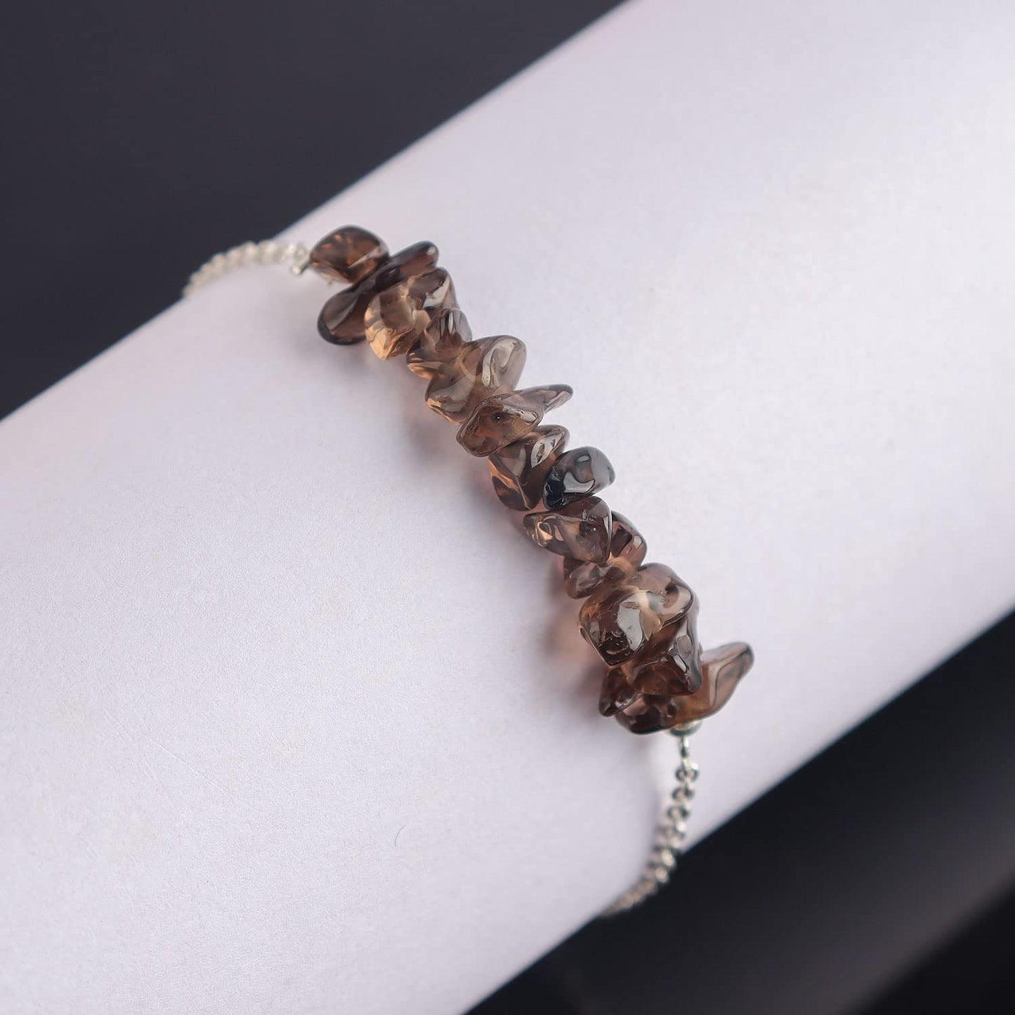 Gemimpression Handmade Smoky Quartz Chips Bar Bracelet – Natural Energy Healing Crystals – Silver Plated Adjustable 8 Inch Chain – Christmas Gift