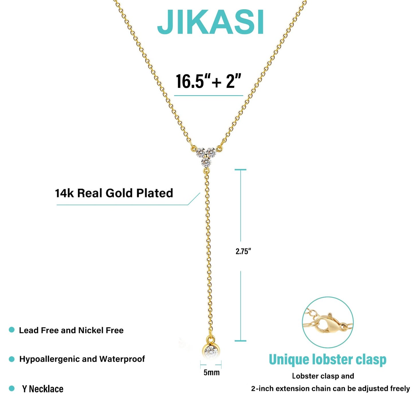 JIKASI Lariat Long Necklaces for Women Trendy Gold Layered Y-Shaped Necklace Dainty Drop Dangle Chain Simple CZ Necklaces Wedding Jewelry Gifts for Woman