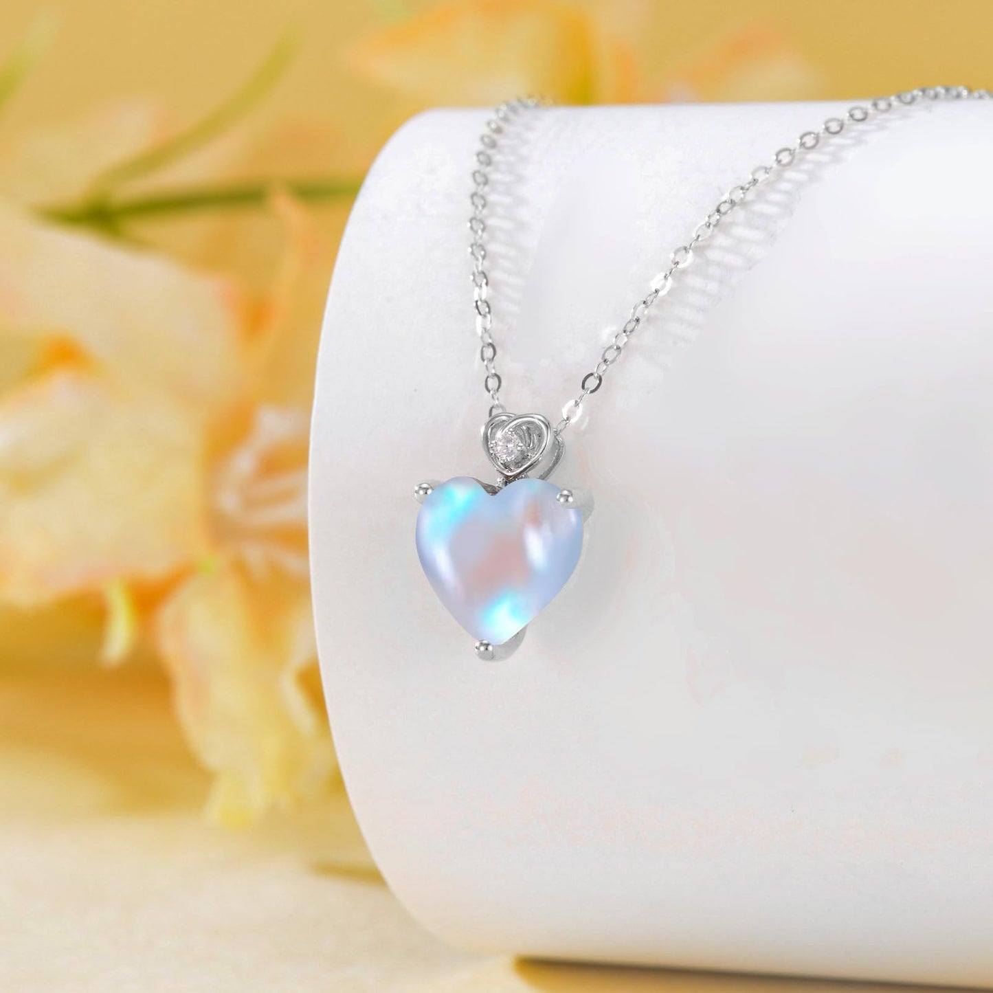 NFYBD 14k White Gold Love Heart Moonstone Birthstone Pendant Necklace for Women 3 Carat Heart-cut Created Gemstone Anniversary Birthday Mother's Day Necklaces for Her-June