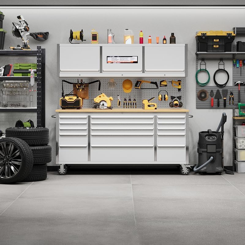 72 Inch Garage Tool Cabinet with 15 Drawers, Garage Workbench/Storage Cabinet, Rolling Toolbox Stainless Steel Tool Bench with Locking System, Metal Construction, Workshop/Garage/Home