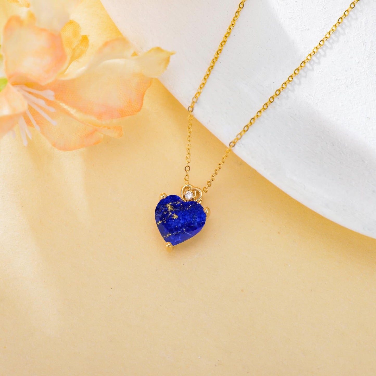 NFYBD 14k Gold Love Heart Lapis lazuli Birthstone Pendant Necklace for Women 3 Carat Heart-cut Created Gemstone Anniversary Birthday Mother's Day Necklaces for Her