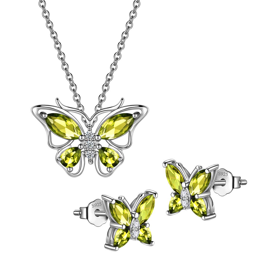 Hipunk Butterfly Green Jewelry Sets Birthstone Women 925 Sterling Silver August-Peridot Birth Stone Animal Butterflies Jewelry Sets/Earring Set Crystal Birthday Jewelry SS0001A