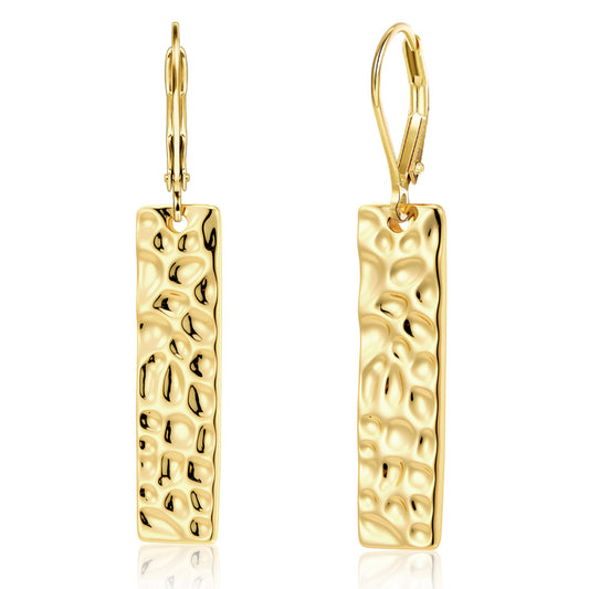 ALEXCRAFT Gold Dangle Drop Earrings for Women, 14K Goldplated French Hook Leverback Earrings, Lightweight Trendy Earing Gold Long Chunky Hammered Square Bar Drop Earing for Women Statement Jewelry