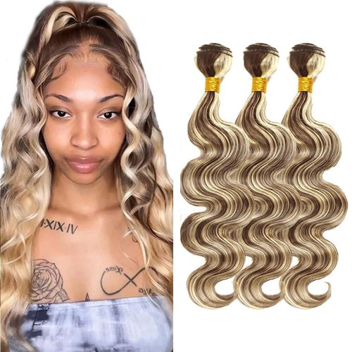 Giginger P4/613 Chocolate Brown Blonde Body Wave Human Hair Bundles 16 18 20 Inch Highlight Body Wave Bundles Weave Bundles Human Hair 4/613 Human Hair Bundles