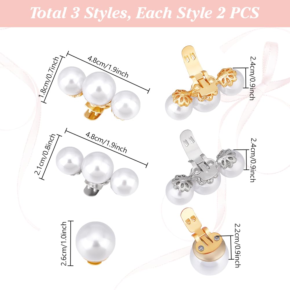 PH PandaHall 6pcs 3 Styles Pearl Shoe Clips, Alloy Shoe Clips with White Pearl Beads Removable Shoe Buckles Elegant Shoe Clips for Wedding High Heels Pumps Flats Women Banquet Bridal Christmas