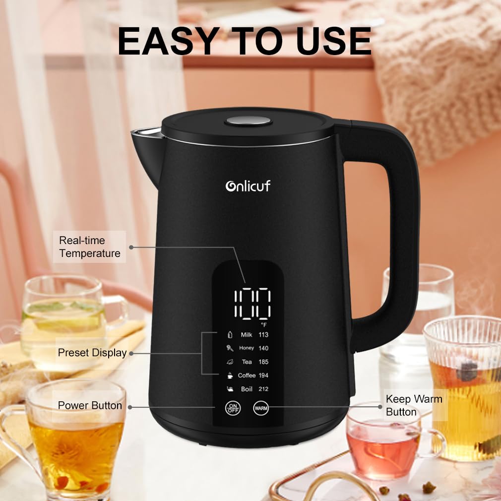 Onlicuf Electric Tea Kettle with Double Wall Cool Touch，1.7L Water Boiler Heater with Temperature Control，Stainless Steel Boiling Teapot, Digital Touch-Screen, Cordless, BPA-Free, Matte Black