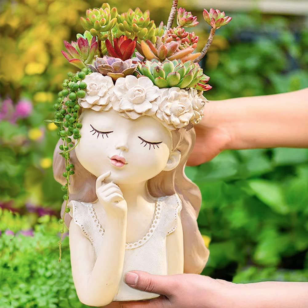 Snowy sunday Girl face planters -Fantasy 2pack Cute Big Succulent Pot with Drainage Hole Tall Lady Head Planter Resin Flower Pot Decorative vase for Indoor/Outdoor Plants Gifts for mom/Aunt/Lover