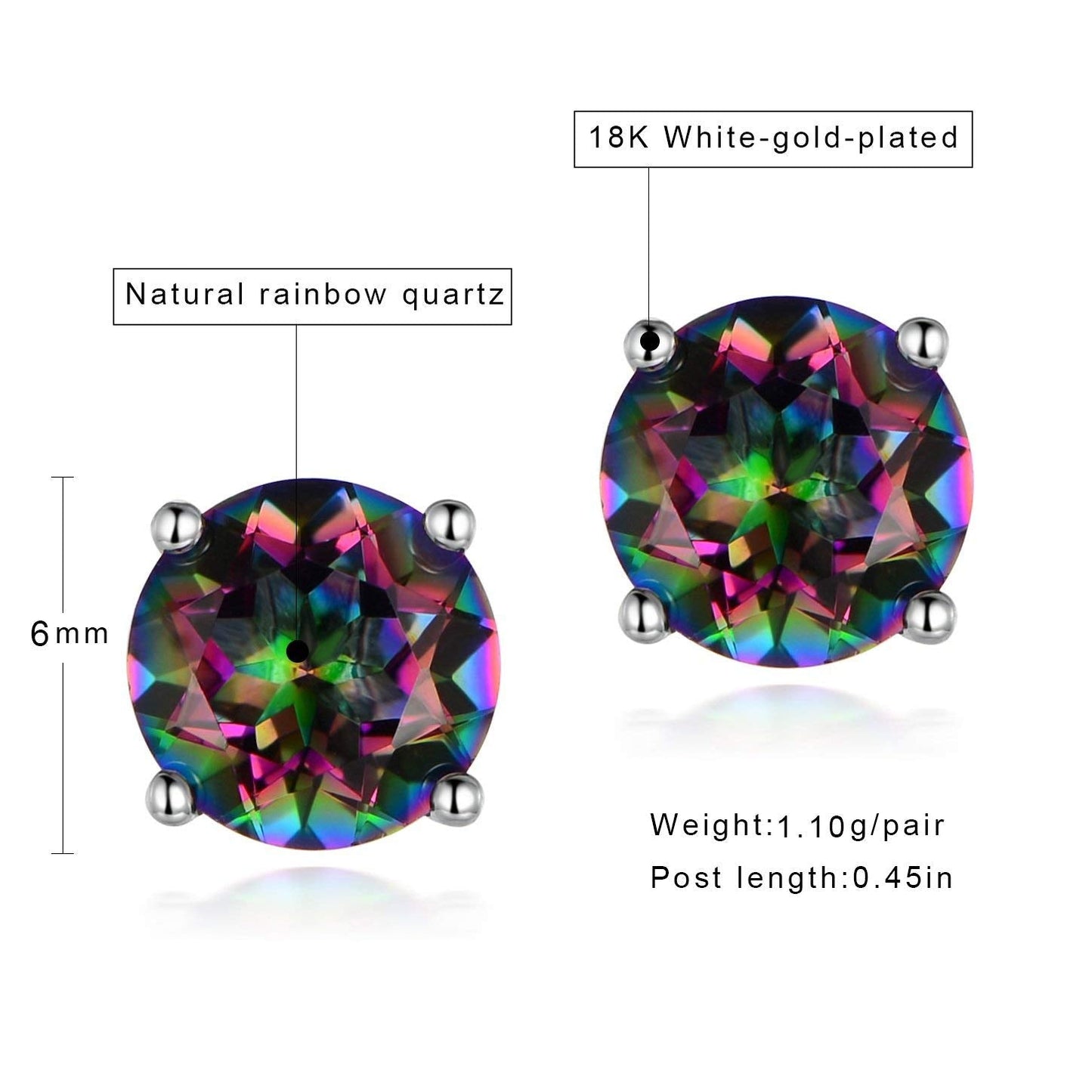 Womens Earrings 6mm Round Created Rainbow Quartz Mystic Topaz Gemstone 18K White Gold Plated CZ Ear Piercings Studs for Mens Earingssimple Hypoallergenic Jewelry Birthday Gifts
