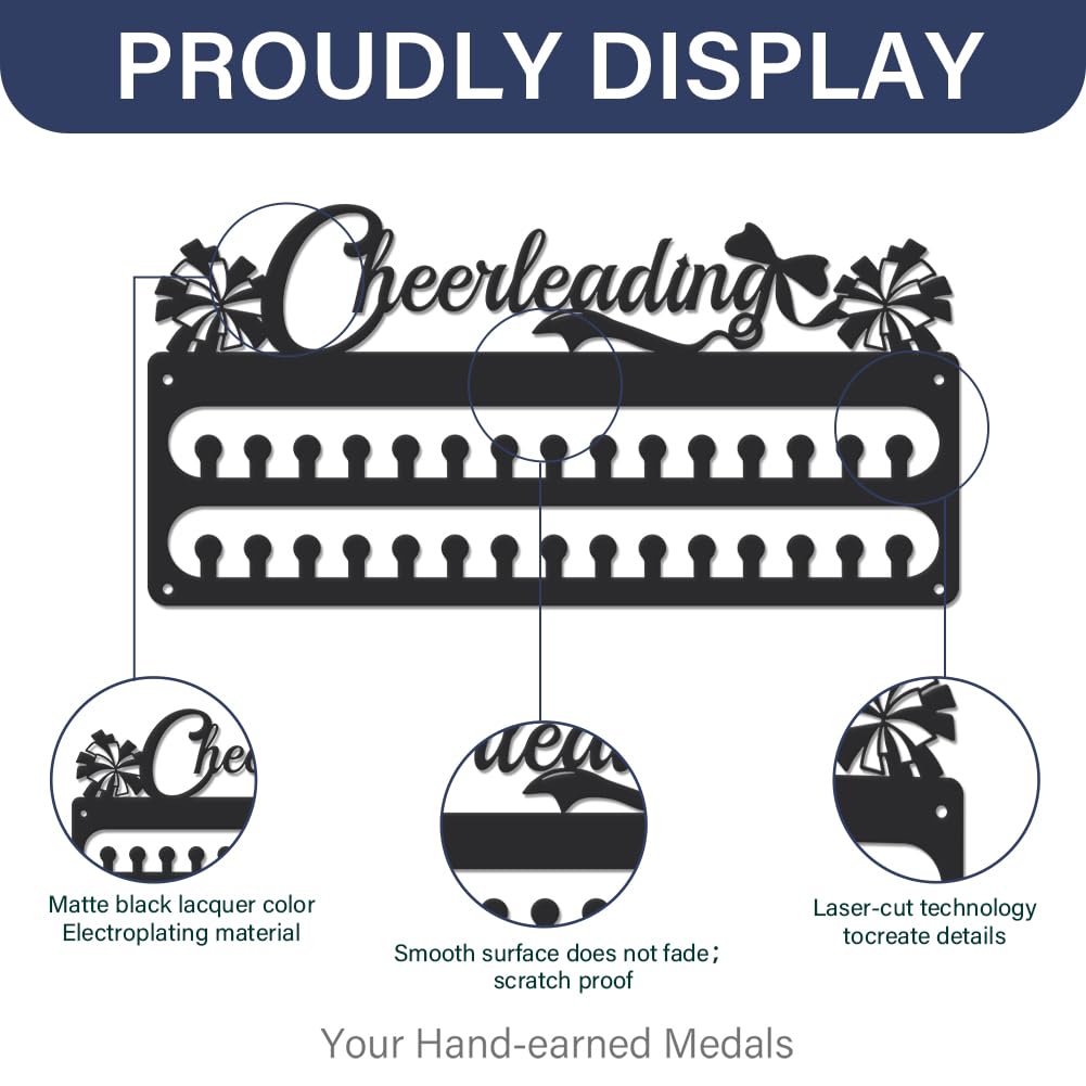 SUPERDANT Cheerleading Medal Hanger Display Sports Medal Holder Wall Mount Cheerleader Medals Hanging 30 Hooks Black Metal Medals Display Rack Iron Race Ribbon Award Organizer for Athletes