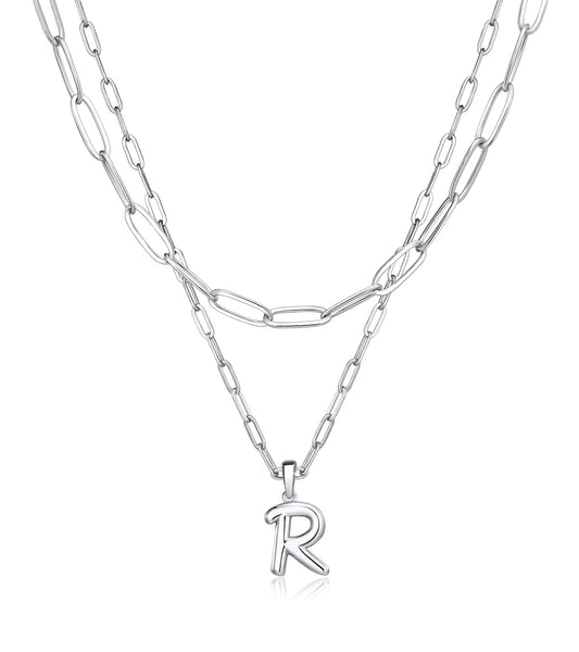 adoyi Silver Initial Necklace for Women 14k Gold Plated Layered Bubble Letter Necklaces Trendy Jewelry Chain Name R Pendant Necklace Stack Birthday Valentines Gifts
