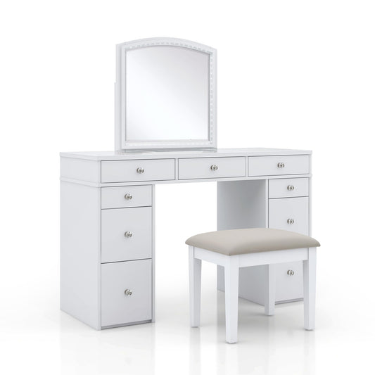24/7 Shop at Home Juno Modern White Vanity Desk with Mirror and LED Lights, Makeup Table with 9 Drawers, Upholstered Stool with Wood Legs, Bedroom Furniture Set, Dressing Room, Youth Room