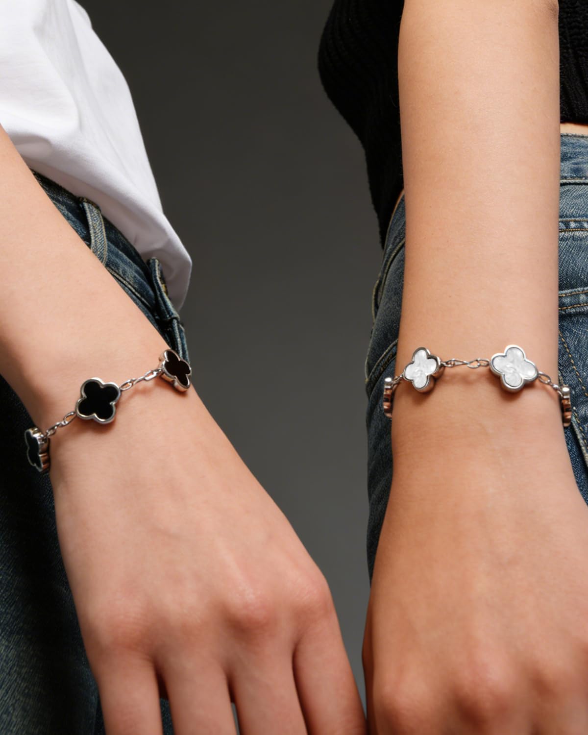 Aimétte Monette Silver Bracelets for Women, Four Leaf Clover Bracelet 2 Pcs, Silver Jewelry for Women, Black and White Flower Bracelet, Silver Jewelry Set
