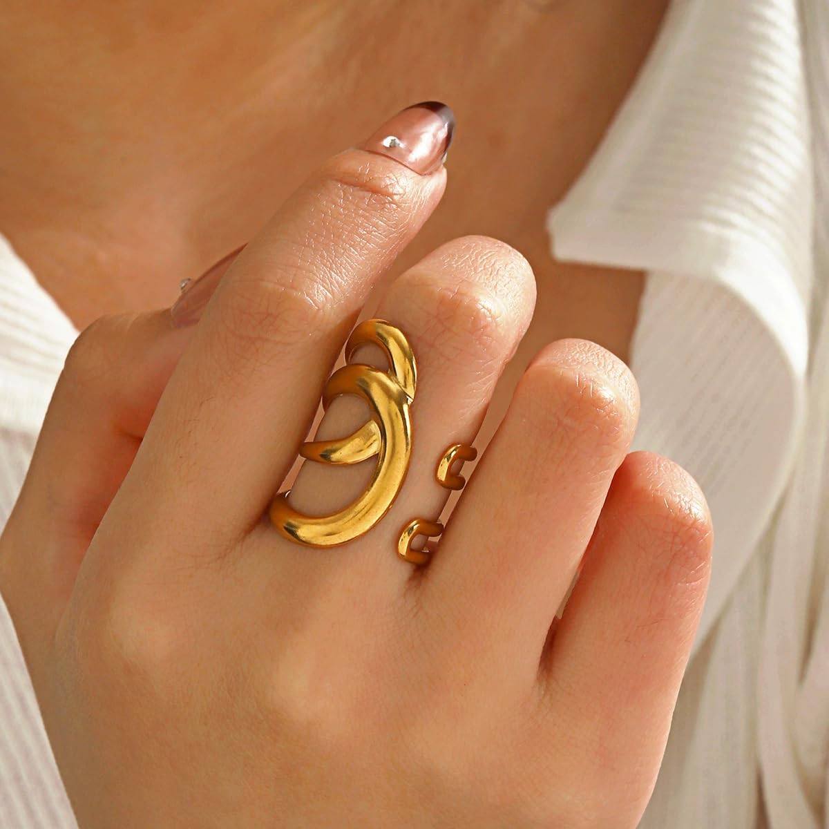 AIETUE Chunky Rings For Women, Gold Silver Thumb Ring Asymmetrical Wavy Curve Ring Adjustable Non Tarnish Dainty Stainless Steel New Year Anniversary Birthday Jewelry Gift (Trendy Silver#4)