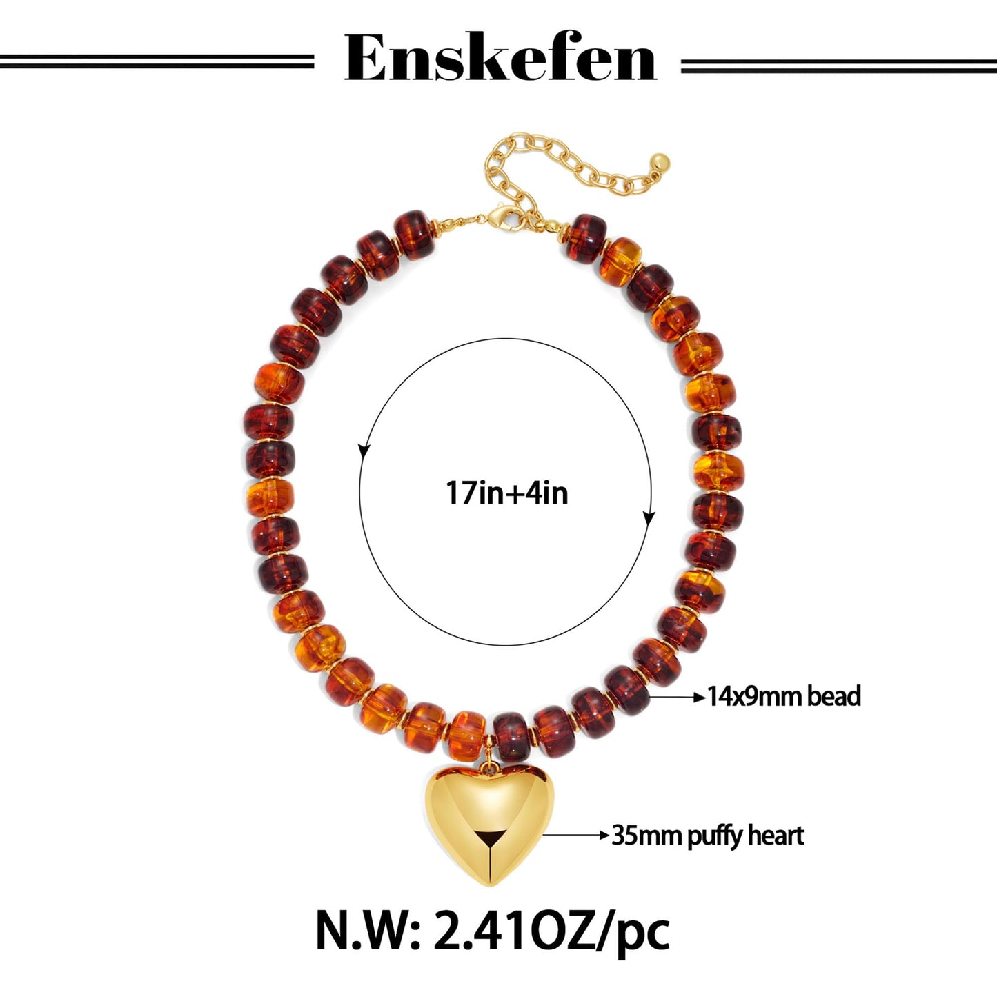 ENSKEFEN Brown Beaded Heart Pendant Necklaces for Women Trendy Puffy Gold Heart Chunky Necklace Boho Acrylic Resin Beads Necklace Vintage Statement Choker Necklaces Jewelry