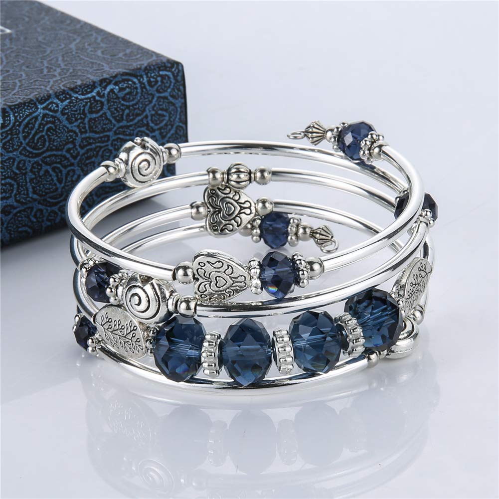 PEARL&CLUB Bead Crystal Wrap Bangle Bracelet - Fashion Jewelry Beaded Bracelet with Silver Metal, Gifts for Women(23-Navy Blue)