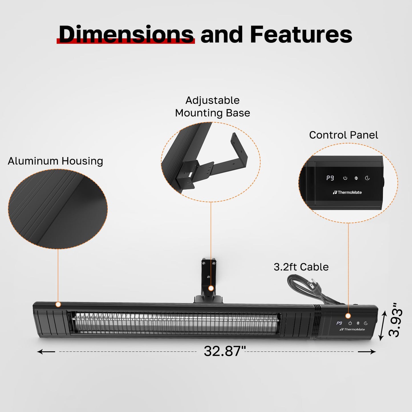 ThermoMate Infared Patio Heater for Outdoor, Electric 1500W IP65 Waterproof with Remote, 9 Heating Levels & 24H Timer for Restaurant Backyard, Plug-in 120V Black