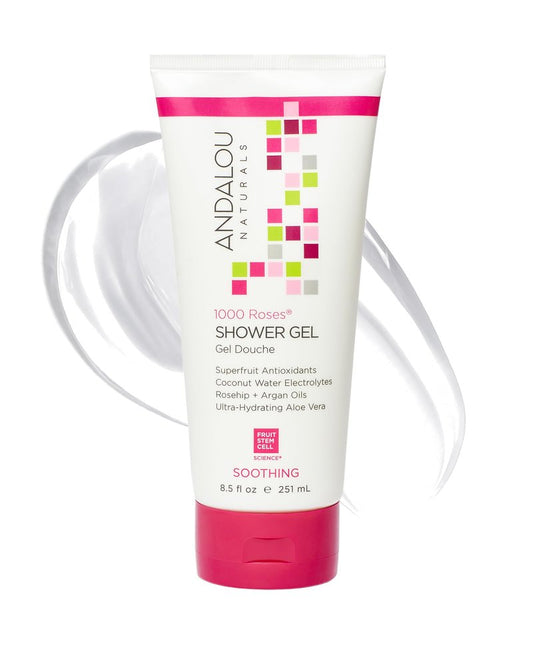 Andalou Naturals 1000 Roses Shower Gel Body Wash | Hydrating Daily Foam Cleanser With Argan Oil, Coconut Water, and Aloe Vera | Gentle and Soothing for Sensitive Skin | 8.5 fl oz
