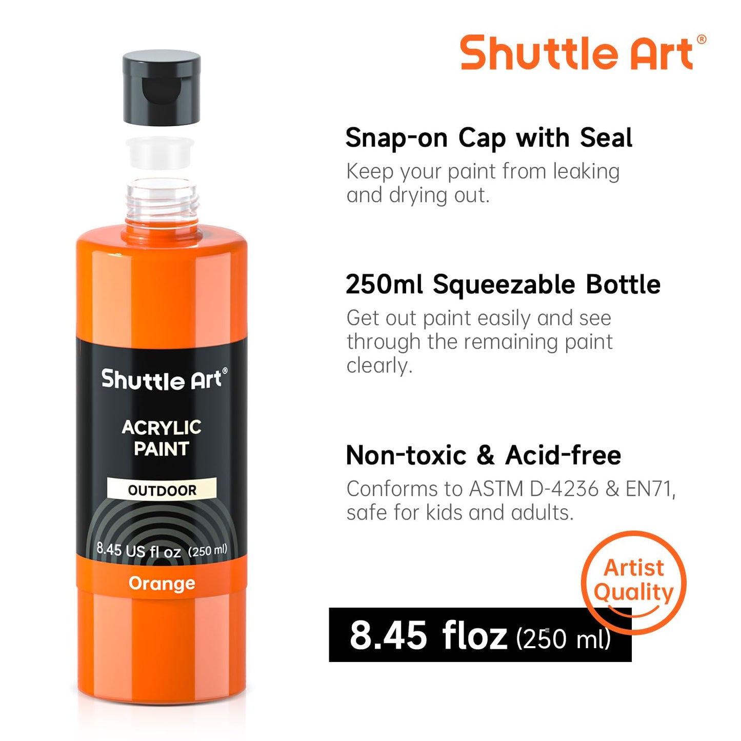 Shuttle Art Outdoor Acrylic Paint Set, 12 Colors Waterproof Paint, 8.45oz/250ml Large Bottles, Rich Pigmented Bulk Painting Supplies for Artists, Beginners on Rocks, Wood, Wall, Crafts, Garden Statues
