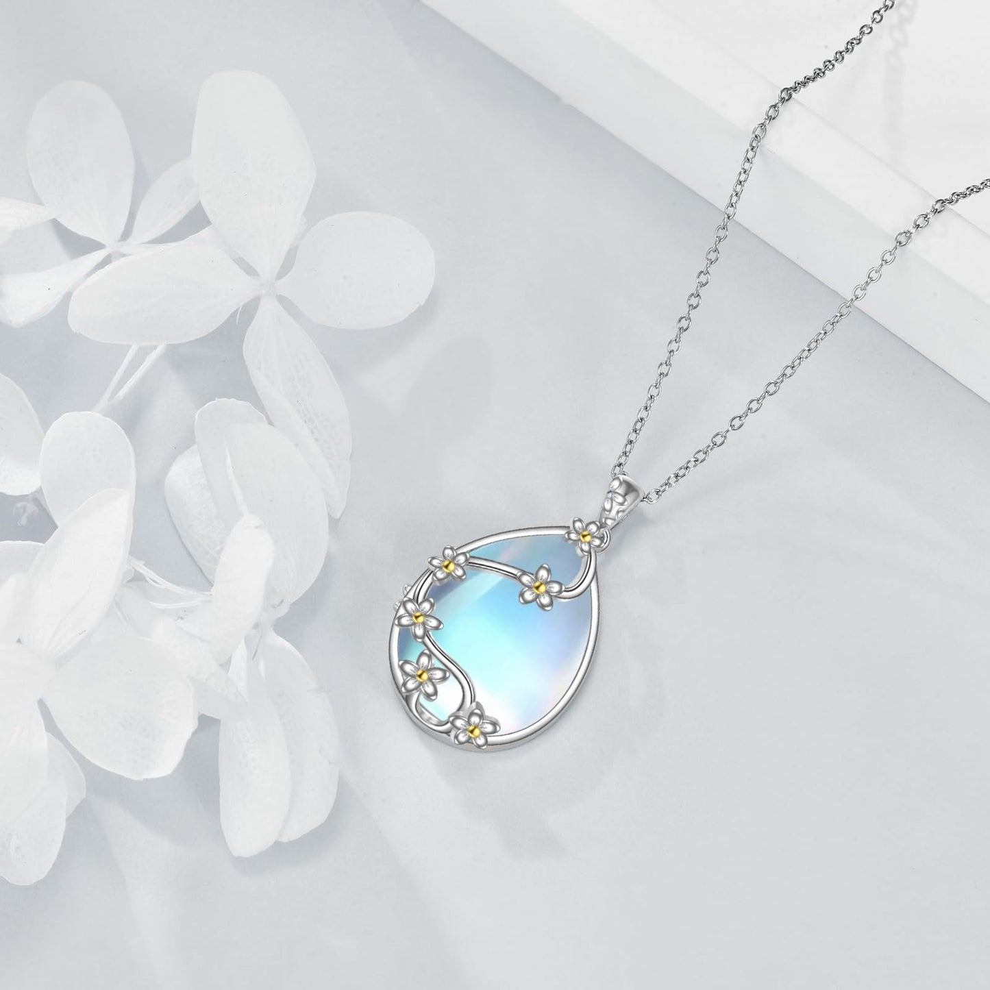 YAFEINI 925 Sterling Silver Moonstone Necklace Filigree Teardrop Flower Pendant Necklace Jewelry for Women (H-Moonstone flower necklace)