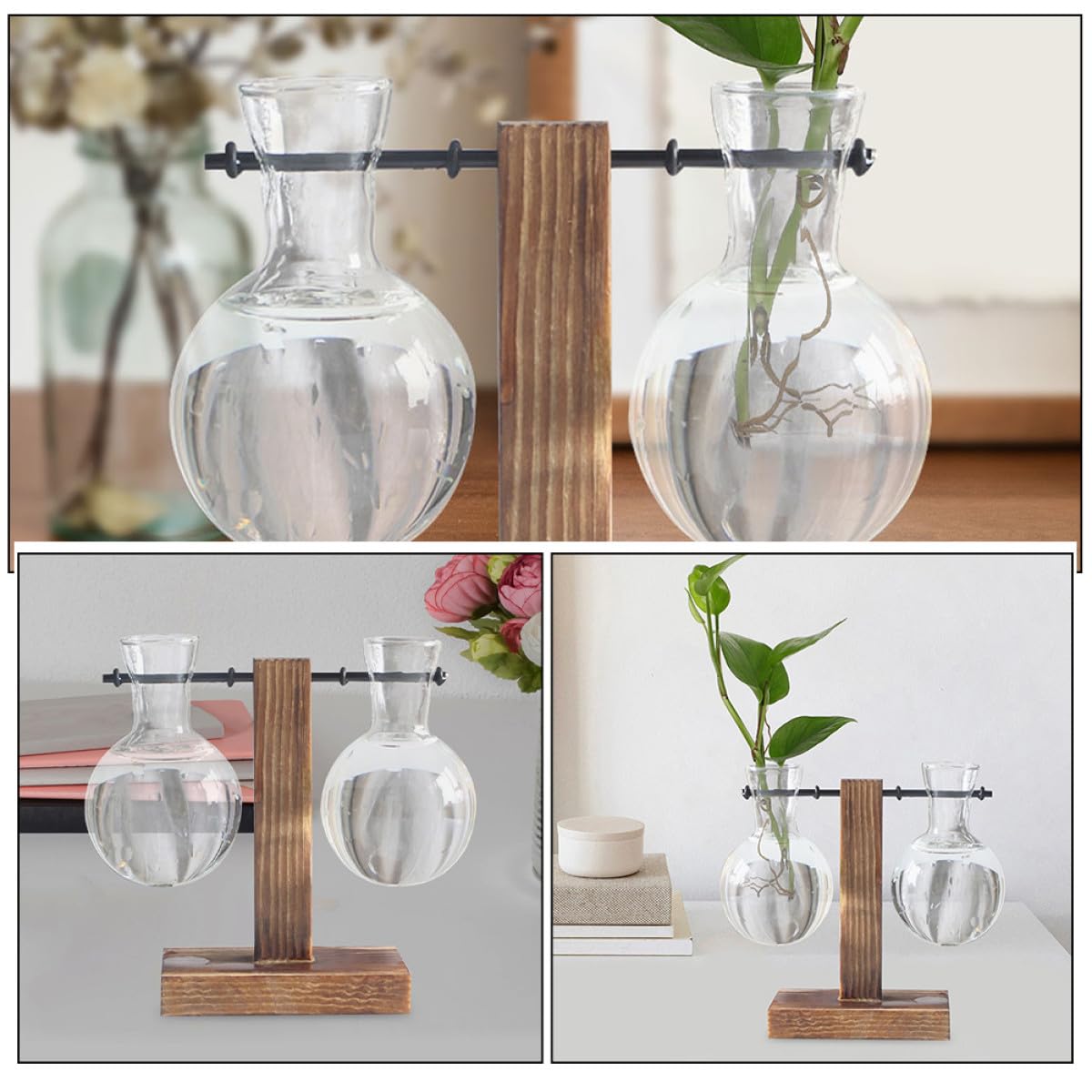 HIAKDOFT 3Pcs Glass Propagation Planter Vase with Wooden Stand, High Borosilicate Plant Terrarium Jars for Hydroponic Plant Propagation and Indoor Desktop Gardening