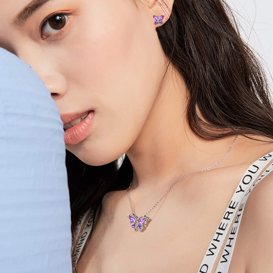 Hipunk Butterfly Purple Jewelry Sets Birthstone Women 925 Sterling Silver Februsry-Amethyst Birth Stone Animal Butterflies Jewelry Sets/Earring Set Crystal Birthday Jewelry SS0001F