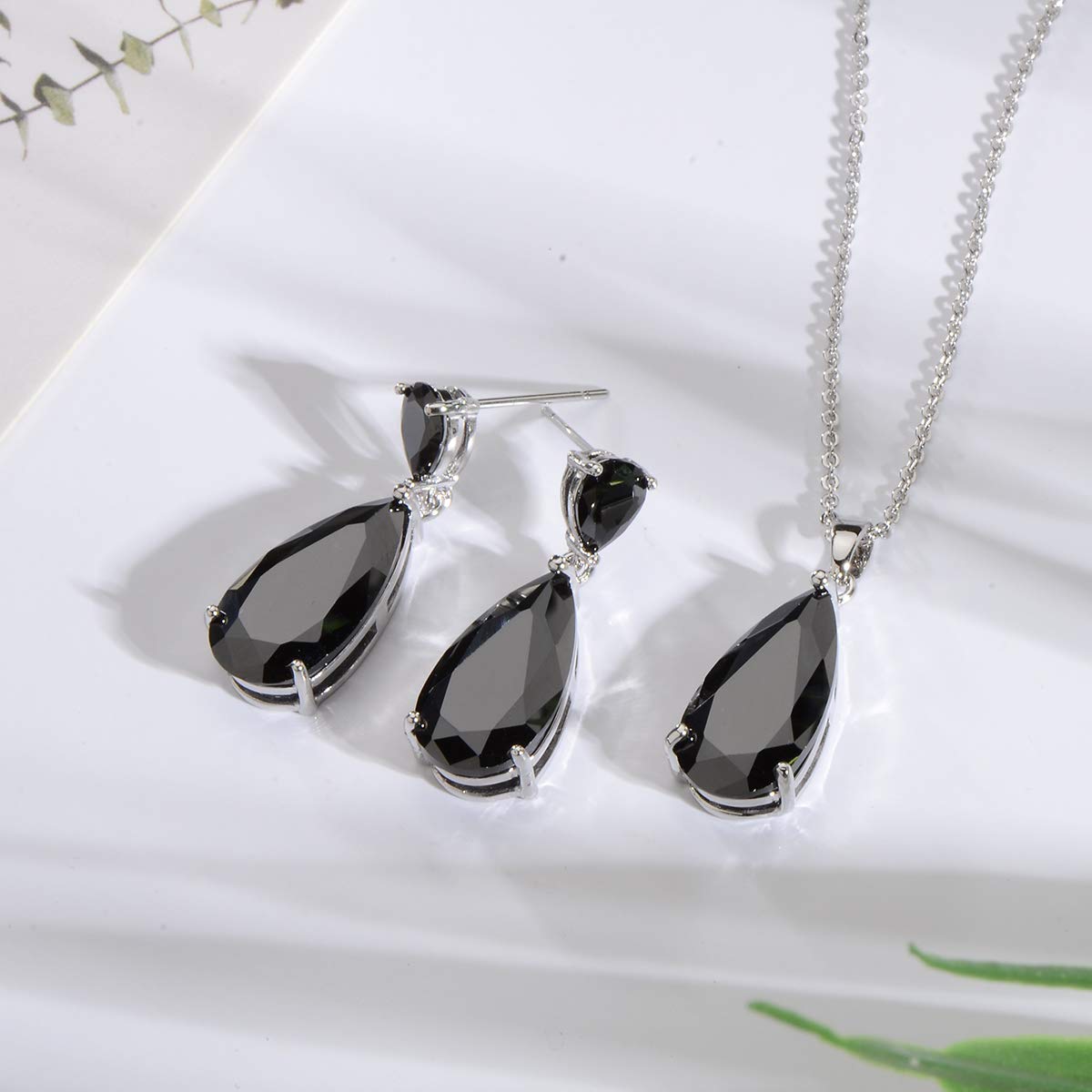 Mycitta Black Jewelry Set for Women - Formal 14k White Gold Plated Teardrop Cubic Zirconia Crystal CZ Rhinestone Drop Earrings and Pendant Necklace Set for Prom Party