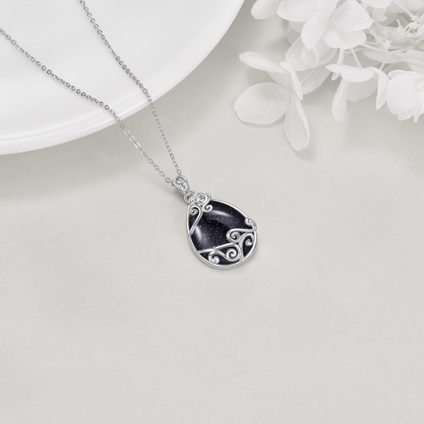 YAFEINI 925 Sterling Silver Blue Sandstone Necklace Filigree Teardrop Pendant Necklace Jewelry for Women (FF-Blue Sandstone Filigree Necklace)
