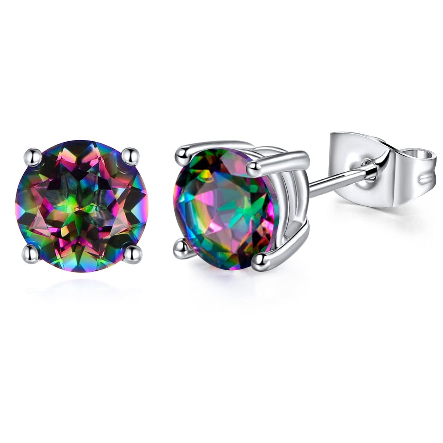 VOLUKA 18K White Gold Plated Rainbow Quartz Stud Earrings,Hypoallergenic Round Square CZ Earrings for Women Men,Daily Wear Party Wedding Jewelry Gift