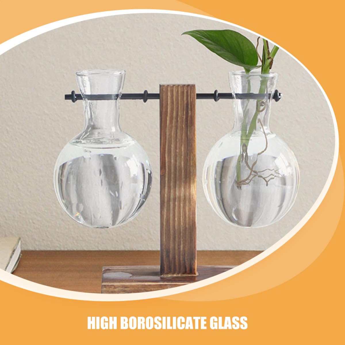 Gatuida 3Pcs Glass Propagation Planter with Wooden Stand, High Borosilicate Glass Vase for Hydroponic Plants, Desktop Terrarium Flower Vase with Hole for Home Décor