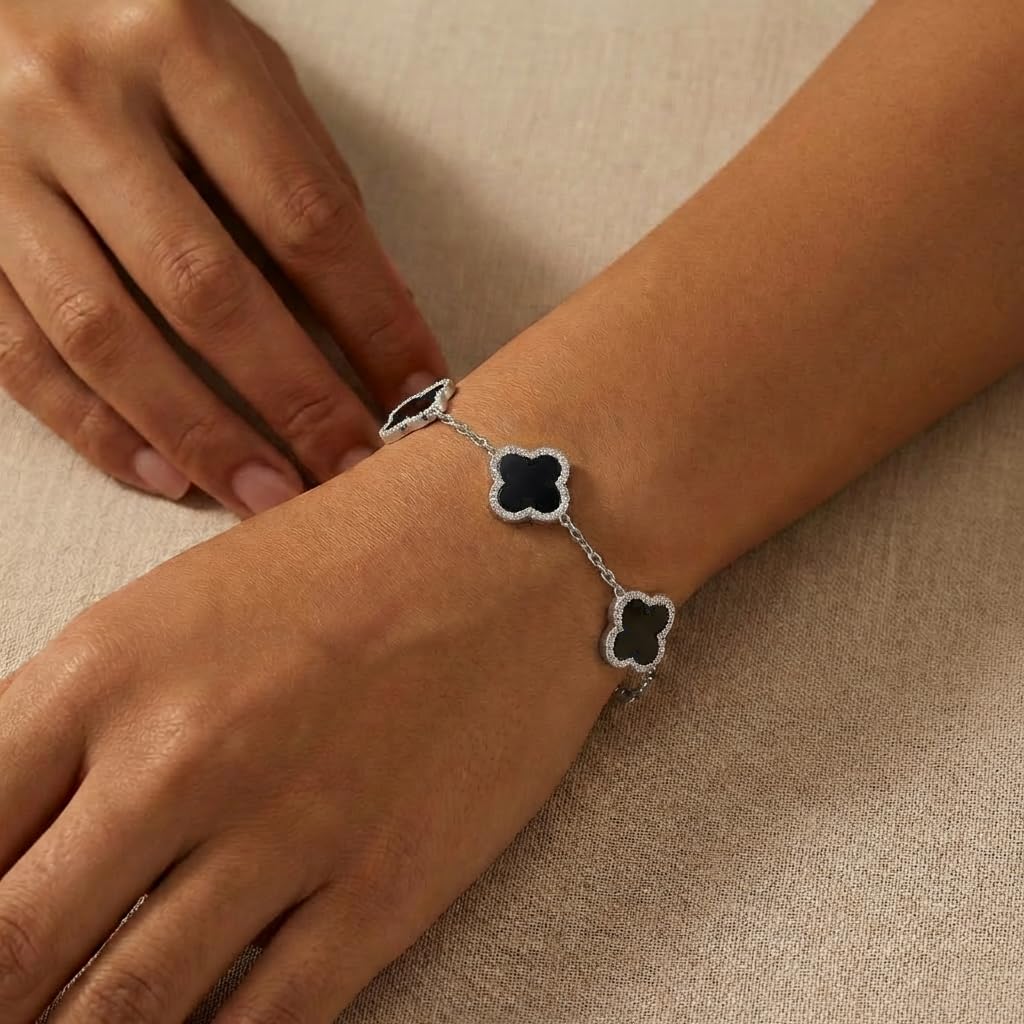SHINYY Four Leaf Clover Bracelet for Women | 18K Gold Plated Cubic Zirconia Link Bracelet | 4 Leaf Lucky Jewelry Gift for Her (Black Silver)