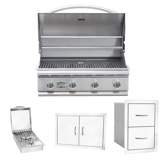 Bullet by Bull Stainless Steel Outdoor Kitchen Grill Set - Built-In Liquid Propane Grill -BBQ Kitchen Island Bundle - Includes 4 Burner Grill, Side Burner, Double Access Door & Double Storage Drawer