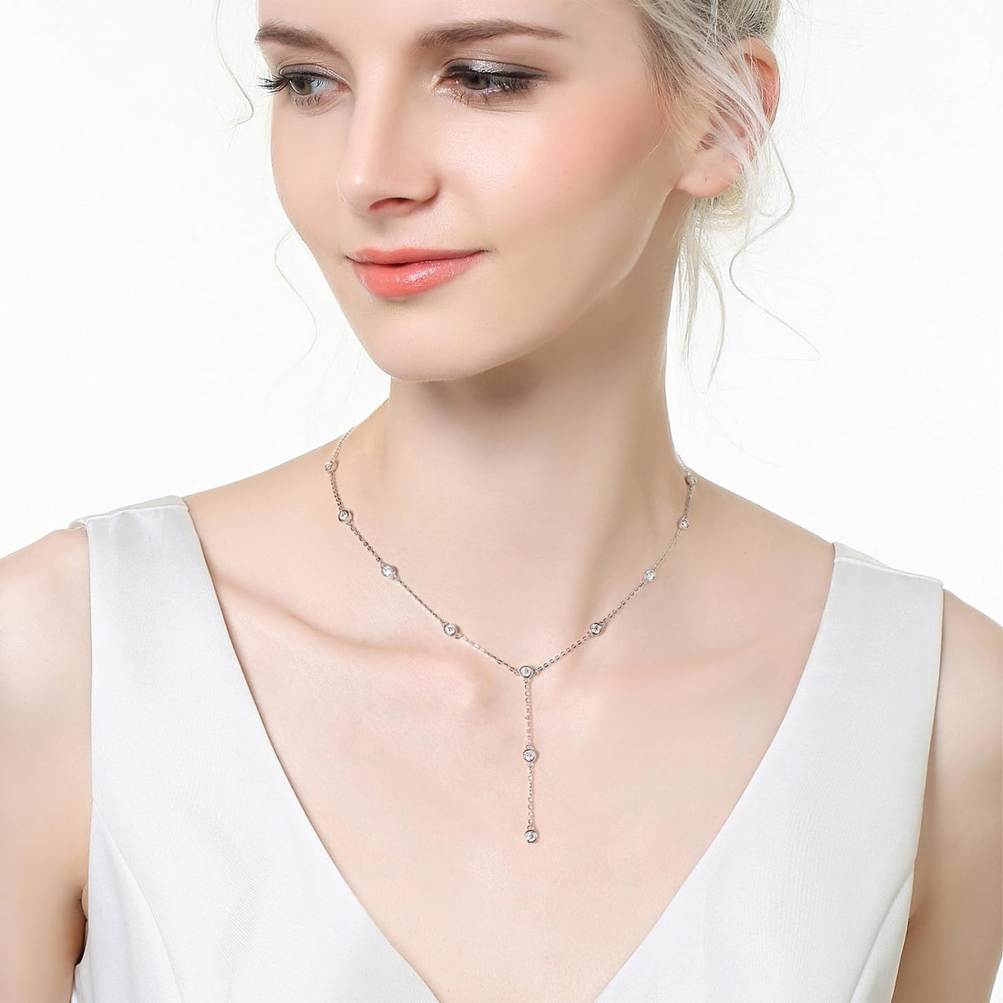 DYUNQ Moissanite Necklace for Women Sterling Silver, Imitation Diamond Lariat Drop Y necklace, Dainty Simple Long Prom Bridal Wedding Hypoallergenic Neckalces, 16 to 20 Inch