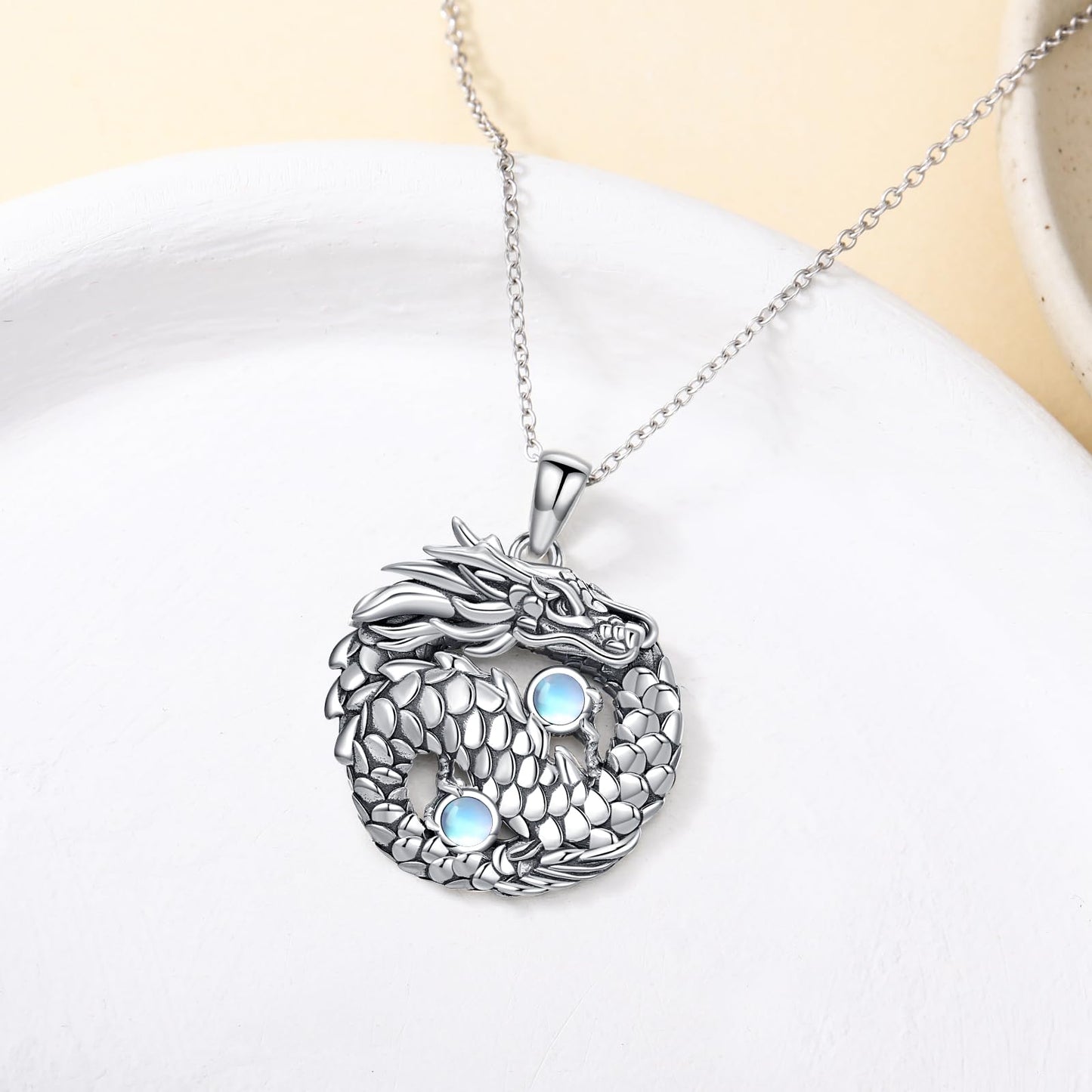 YAFEINI Dragon Necklace S925 Sterling Silver Moonstone Dragon Pendant Necklaces Dragons Jewelry Gift for Women Mom Wife