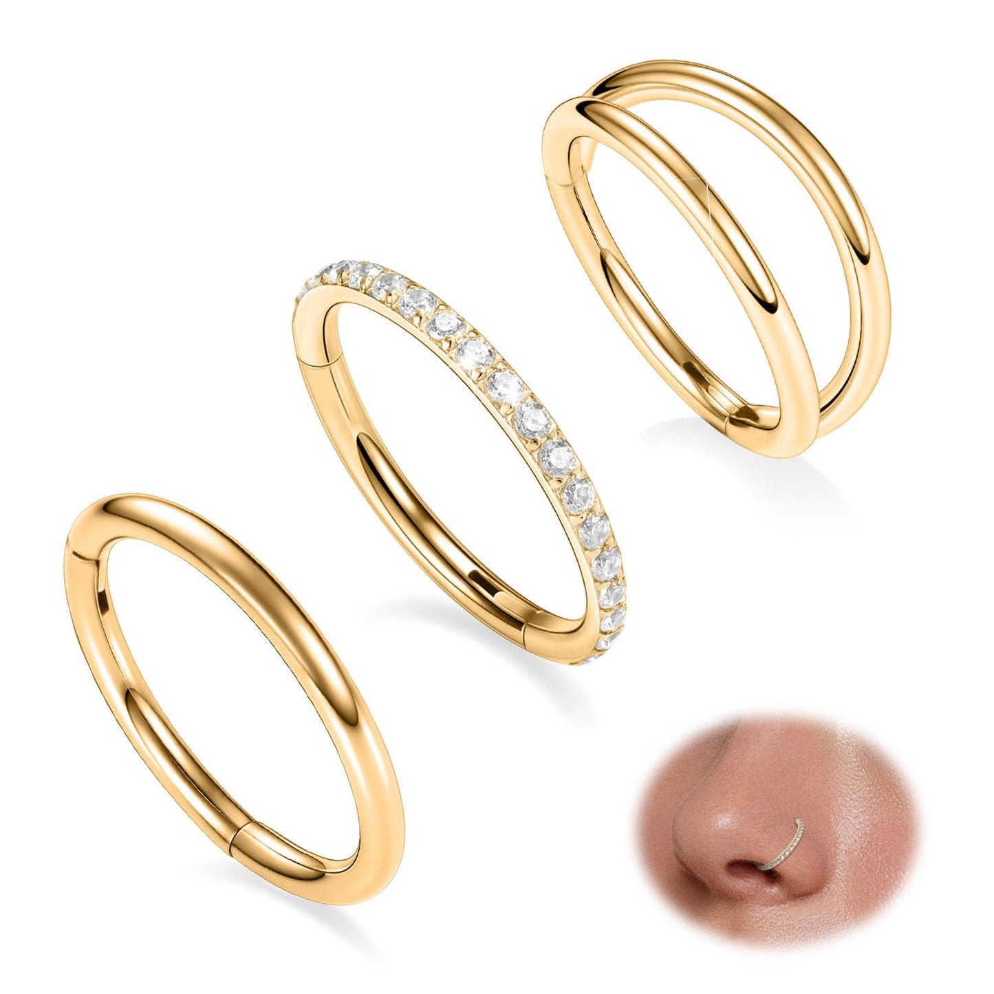 Septum Ring 8mm Septum Jewelry Double Hoop Septum Clicker Gold Conch Piercing Jewelry Nose Ring Hoop 18g Cartilage Earring with CZ Lip Rings Nose Hoop Surgical Steel Helix Earrings Nose Jewelry