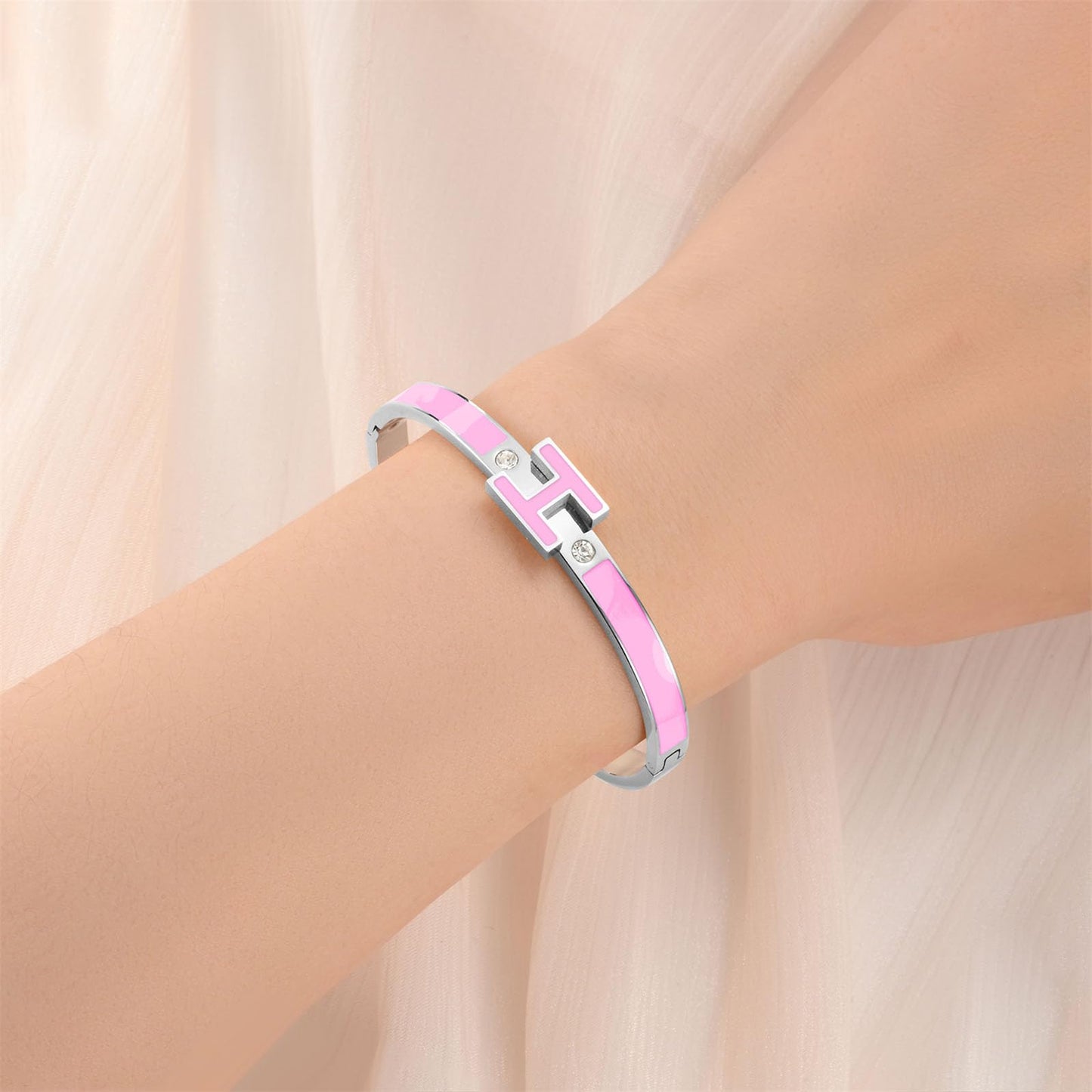Hothink Gold Bracelets for Women, H Bangle Bracelet, Dainty 18K Gold Plated Stainless Steel Enamel Bracelet for Everyday, Work, Party, Stackable Gift for Mom, Wife, Girlfriend (Silver-Pink)