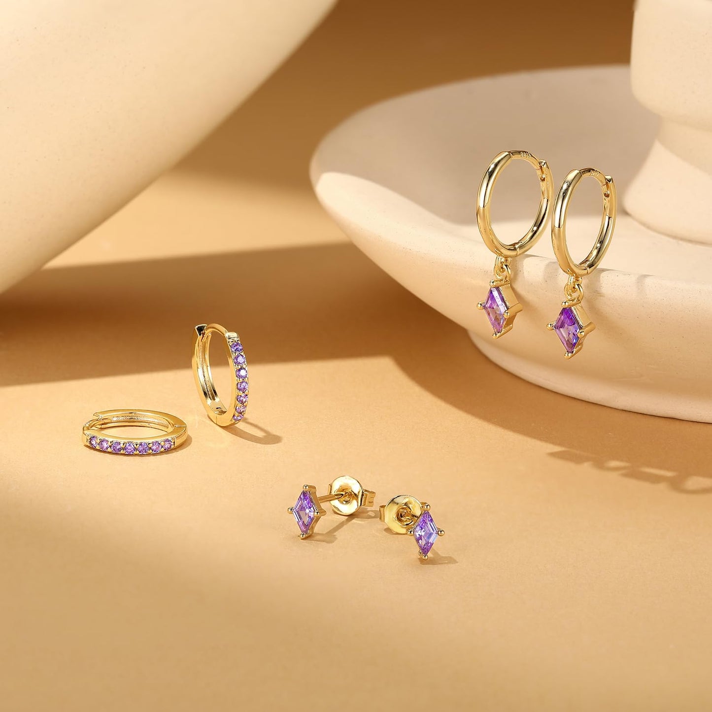 Angelady Gold Hoop Earrings Set for Women, Dainty 14K Gold Plated Purple Earrings, Hypoallergenic Purple Dangle Cartilage Huggie Hoop Earring Stacks, Amethyst Earring Trendy Jewelry Gifts