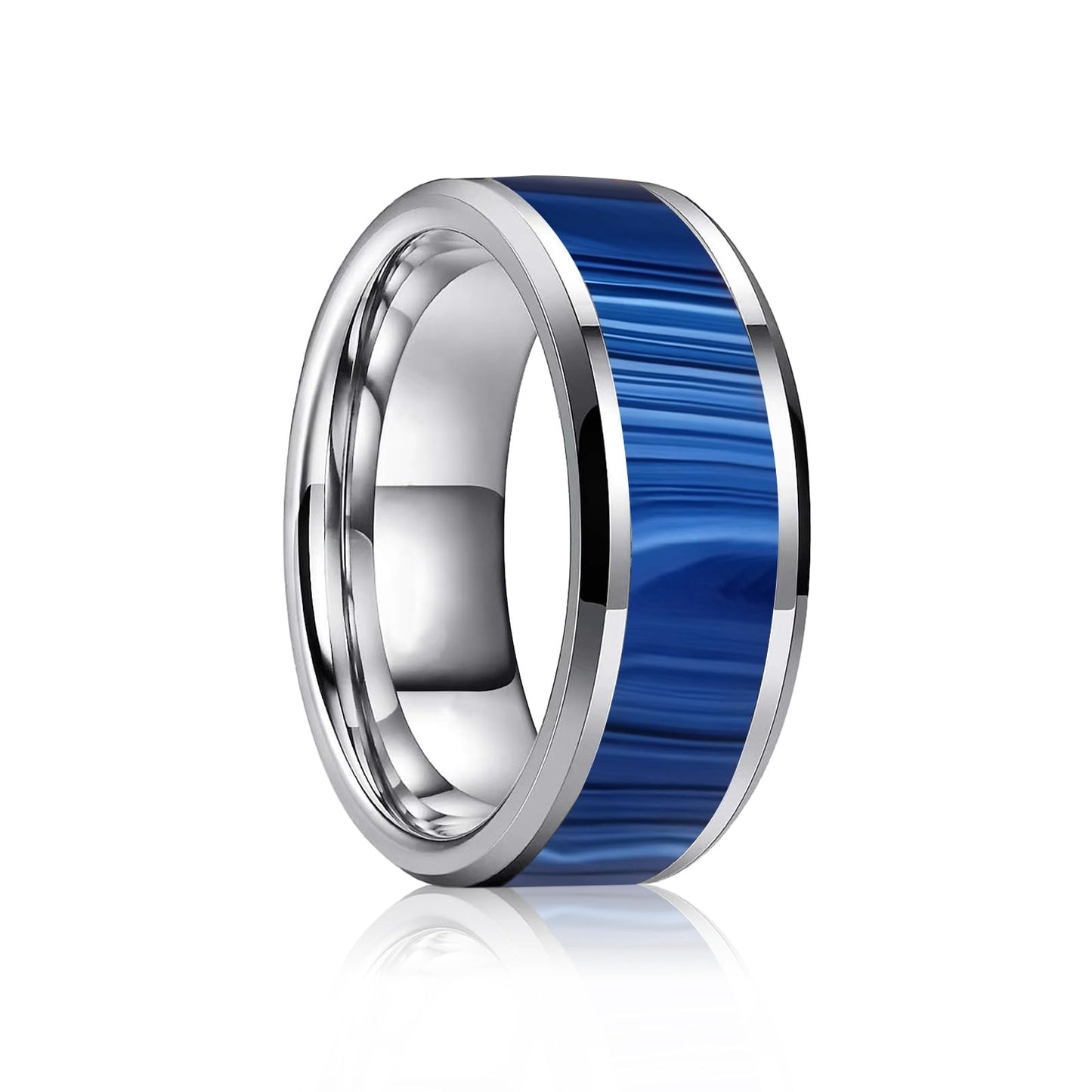 HJIMMNHONG New Carbon Fiber Fashion Rings Double Beveled Edge Delicate Polished Simple Stainless Steel Mens and Women Rings,8mm,Size Available (Peacock Blue, 9)