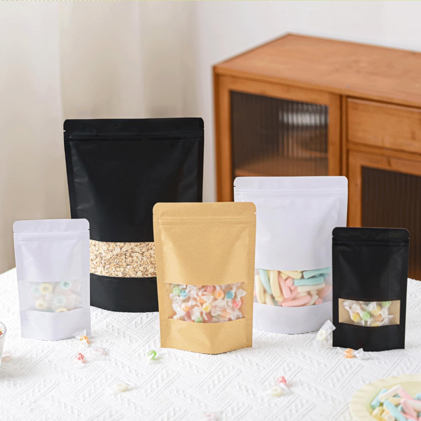 Roppolo 100 Pcs 4 x 6 Inch Stand Up Black Kraft Paper Bags with Matte Window, Resealable Zip Lock Food Storage Bags, Reusable & Heat Sealable for Packaging