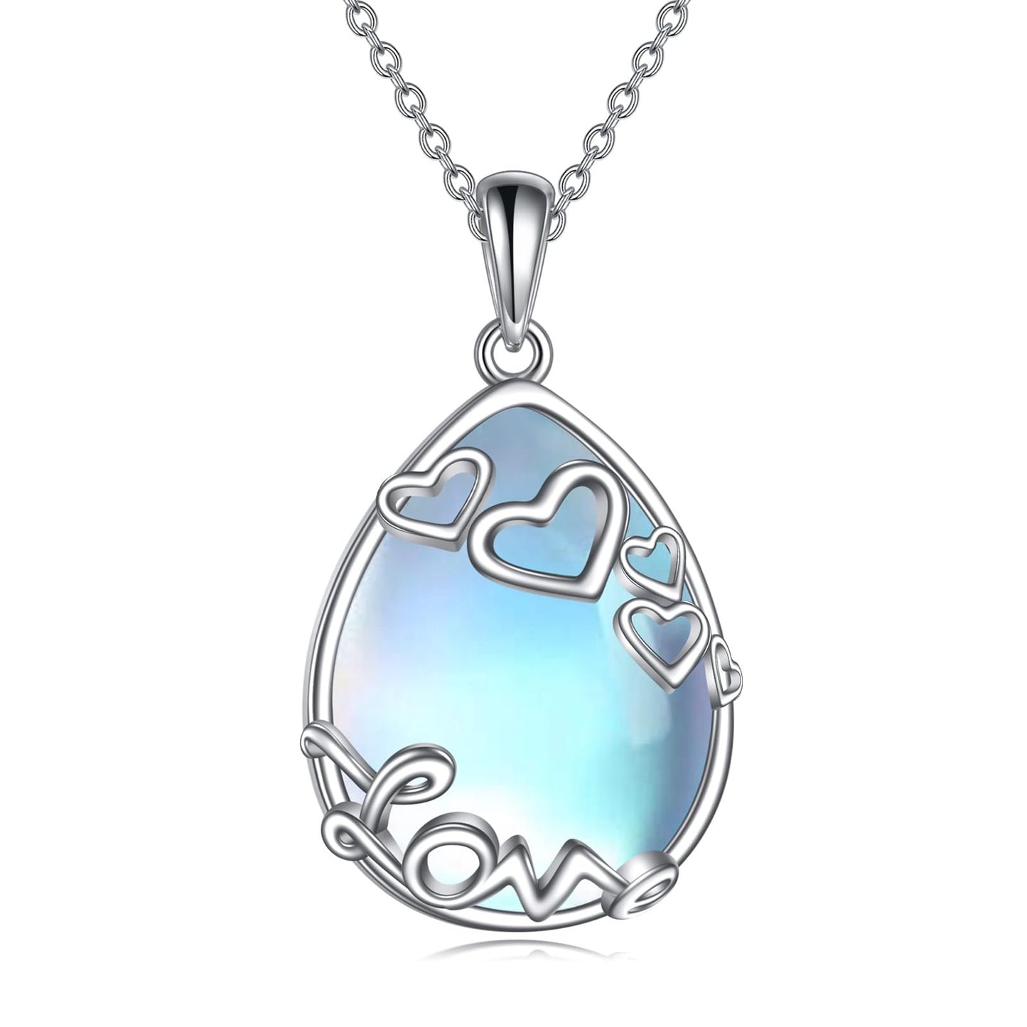 YAFEINI 925 Sterling Silver Moonstone Necklace Love Teardrop Pendant Necklace Jewelry Gift for Women (R-Love Moonstone Necklace)