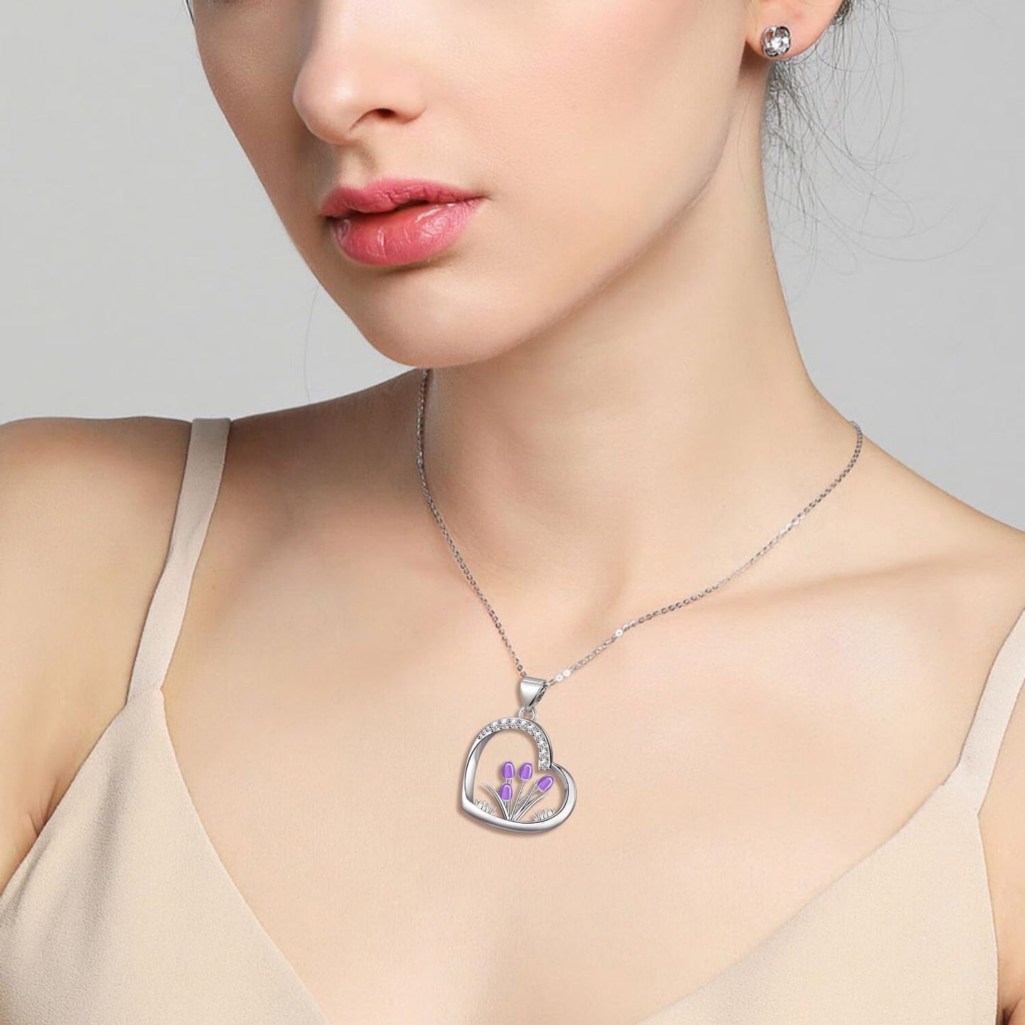 HELORET Flower Necklace Tulip/Sunflower/Daisy/Bee Pendant Necklaces Jewelry for Women Mom Gifts (Tulip Necklace-Purple)