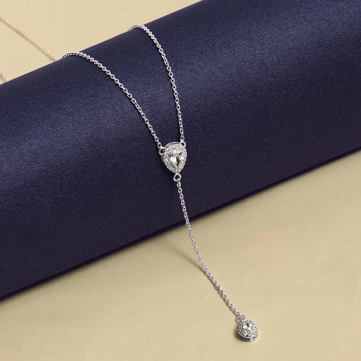 LeCalla 925 Sterling Silver Adjustable CZ Lariat Necklace for Women Simple CZ Y Necklace Jewelry Cable Chain Necklace with Lobster Claw Clasp 18 Inches